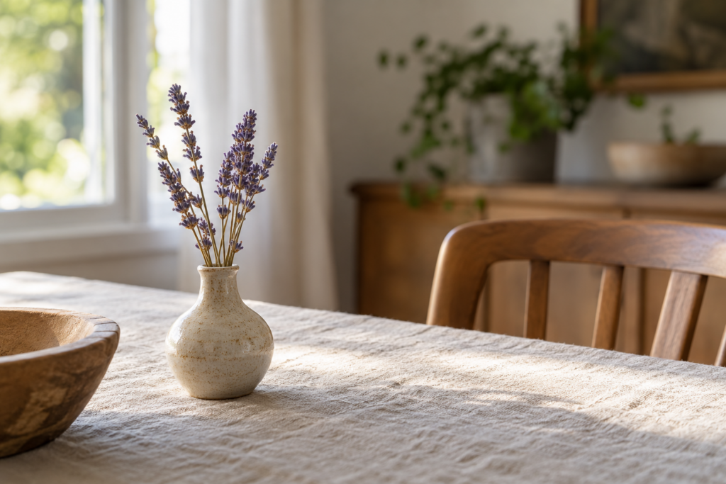 Kleine vaas met decoratieve lavendeltakjes op een linnen tafel — AI-illustratie